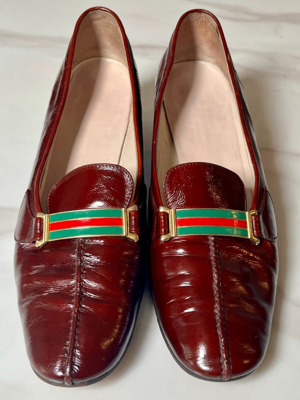 Gucci Oxblood Patent Leather Web Stripe Vintage Block Heel Loafers 39 AA - Picture 2 of 10